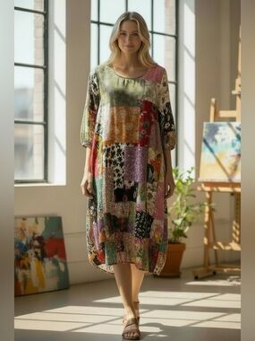 SHANA Patchwork Floral flowy Midi Dress - Multicolor, Large